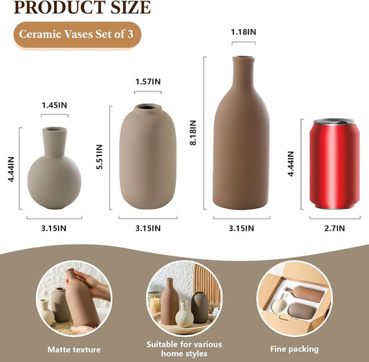 Textured Ceramic Vase Set of 3, Neutral Modern Farmhouse Decor for Pampas Grass Dried Flowers, Neutral Brown & Gray Pottery Vases for Living Room, Mantel, Shelf, Bedroom, Bathroom
