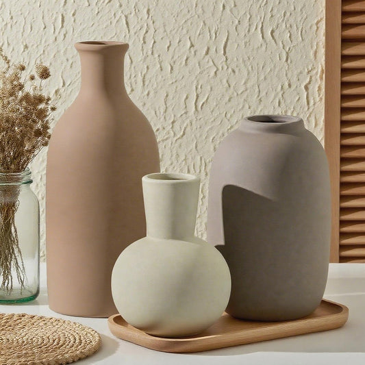 Textured Ceramic Vase Set of 3, Neutral Modern Farmhouse Decor for Pampas Grass Dried Flowers, Neutral Brown & Gray Pottery Vases for Living Room, Mantel, Shelf, Bedroom, Bathroom
